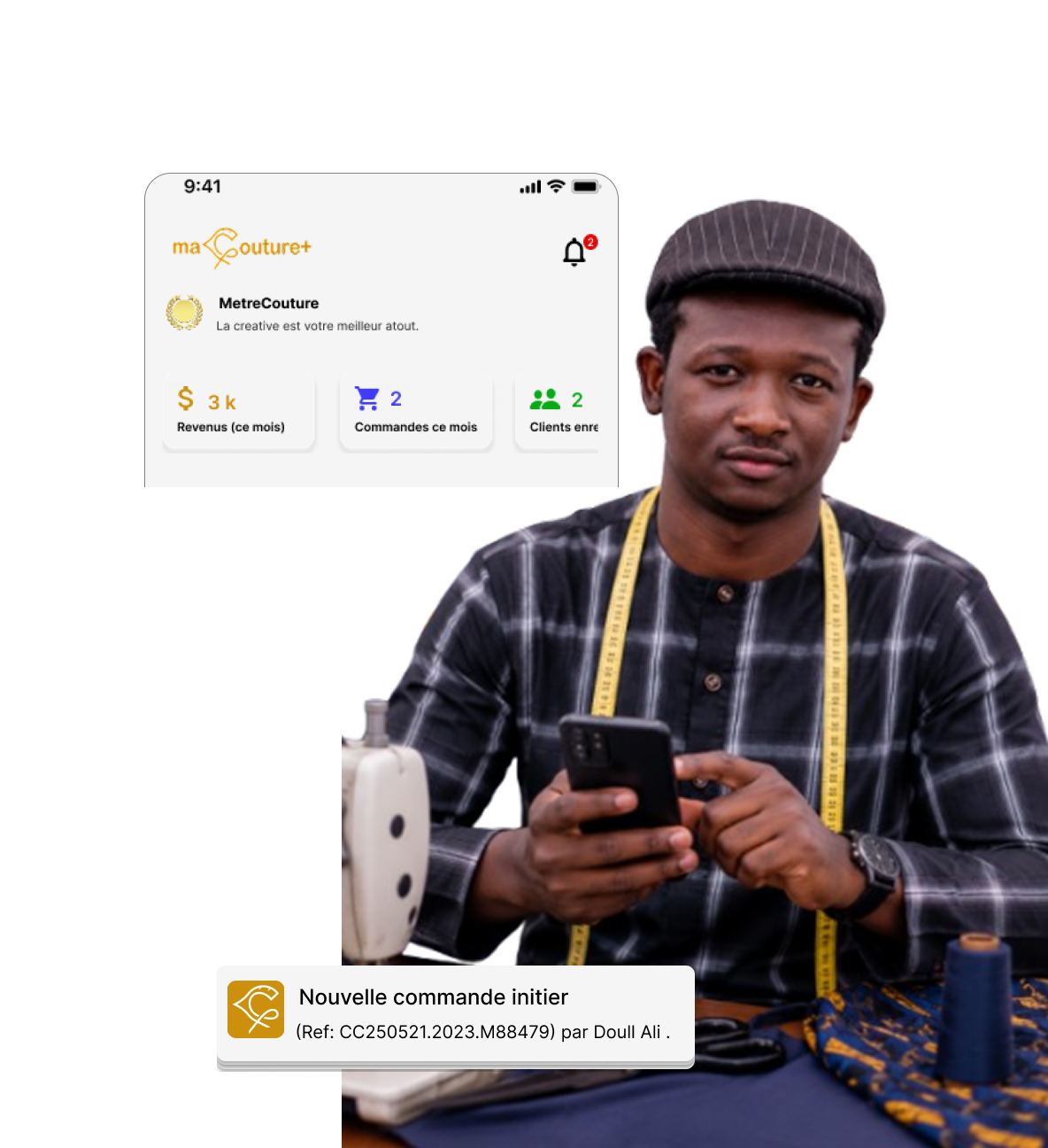Un artisan utilisant l'application maCouture+ sur son téléphone